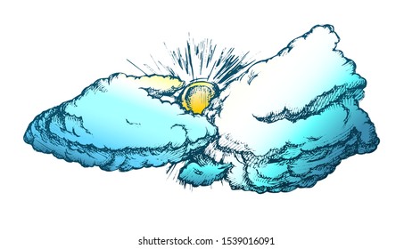 Fluffy Cloud And Sun In Warm Weather Retro Vector. Summer Season Sky Element Cloud In Sunny Day. Cloudscape Engraving Concept Template Hand Drawn In Vintage Style Color Illustration