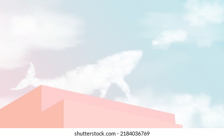 Fluffy cloud in whale shape flying up to pink, blue Sky with 3d Beige podium step,Vector banner with Stage Showcase mockup, Display Cute Cartoon nature sky decoration for web banner background