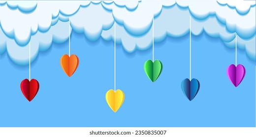 Fluffy clouds against the blue sky with multi-colored hearts in papercut style. Vector illustration.EPS10.