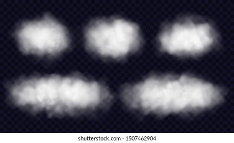 Fluffy clouds or cotton wool set isolated on transparent background. Realistic vector design elements collection. Fog or smoke special effect.