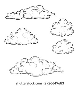 Fluffy clouds of different shapes, black and white sketch. Vector illustration. The concept of natural phenomena, clouds, weather, isolated on a white background. For postcards, prints and textiles