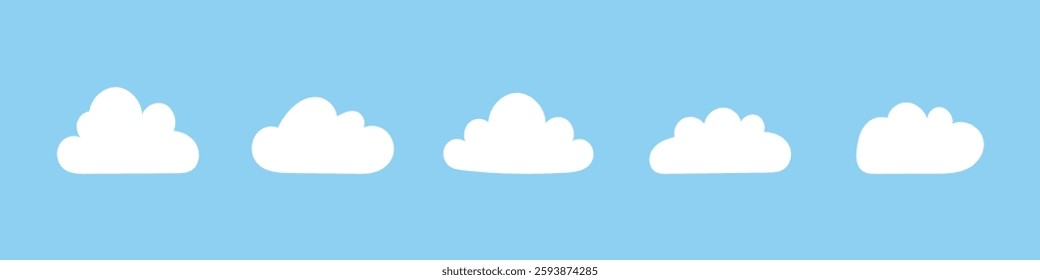 Fluffy clouds. Flat clouds in blue sky. Puffy, cumulus clouds on blue background. Cloudy shapes simple mockups. Weather element templates. Objects cloudscape layout. Hand drawn minimalist white icons.