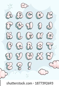 Fluffy clouds letters. Vector color illustration for kids design. Bubble font set 