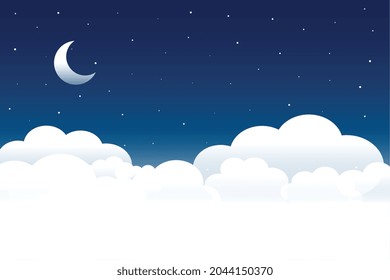 fluffy clouds night scene with moon and stars