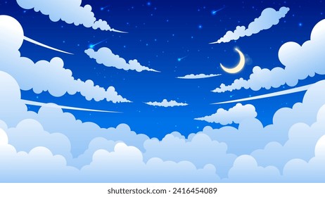 Fluffy clouds night scene with moon and stars