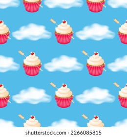 Fluffy clouds on a blue background with a seamless pattern of delicious cupcakes topped with whipped cream in a pink crimped paper cup, pierced by a golden arrow. Vector illustration.
