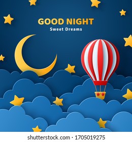 Fluffy clouds on dark sky background with gold moon, stars and hot air balloon. Vector illustration. Paper cut style. Place for text. Good night banner, travel and adventures concept