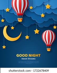 Fluffy clouds on dark sky background with gold moon, stars and hot air balloons. Vector illustration. Paper cut style. Place for text. Good night banner, travel and adventures concept