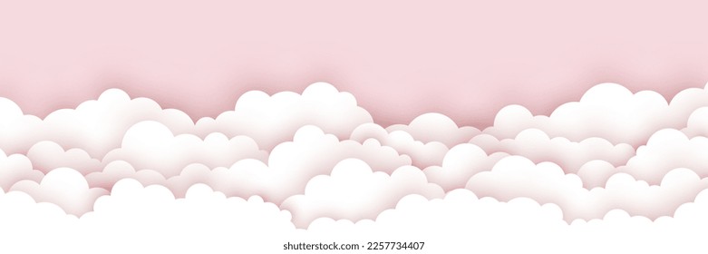 Fluffy clouds on a pink background. Paper cut design. Vector illustration