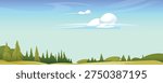 Fluffy Clouds Over Pine Forest and Green Meadows Under Bright Blue Sky

