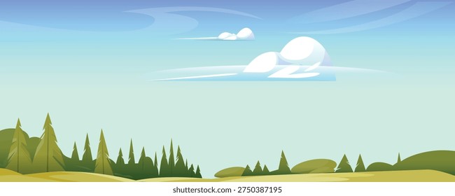 Fluffy Clouds Over Pine Forest and Green Meadows Under Bright Blue Sky

