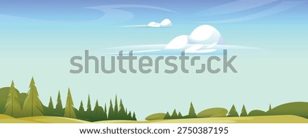 Fluffy Clouds Over Pine Forest and Green Meadows Under Bright Blue Sky

