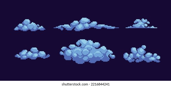 Fluffy clouds pixel art icon set. Smoke or fog, sky elements logo collection. 8-bit sprite. Game development, mobile app. Isolated vector illustration.