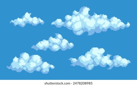 Fluffy clouds pixel art icon set. Smoke or fog, sky elements logo collection. 8-bit sprite. Game development, mobile app. Isolated vector illustration.