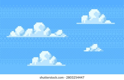 Fluffy clouds pixel art icon set. Smoke or fog. sky 8-bit sprite Isolated vector illustration