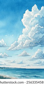 Fluffy clouds scatter across a bright sky above a tranquil ocean, inviting relaxation and peace.