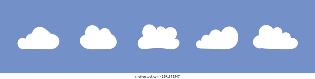 Fluffy clouds set. Clouds in blue sky. Puffy, cumulus clouds on blue background. Cloudy shapes mockups. Weather minimal elements templates. Objects cloudscape layouts. Hand drawn abstract white icons.