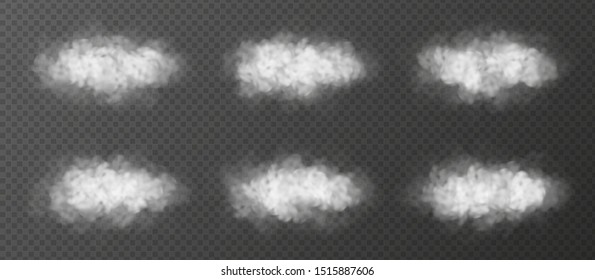 Fluffy clouds set isolated on transparent background. Realistic vector design elements collection. Fog or smoke special effect.