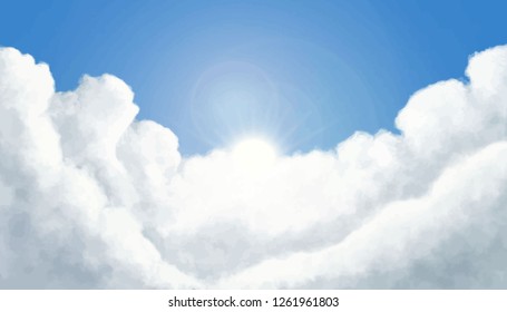 Fluffy clouds with shining sun vector