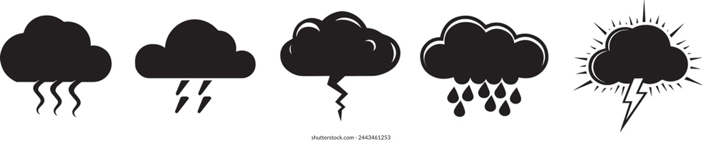 Fluffy clouds silhouettes. Vector set of clouds shapes on white background.