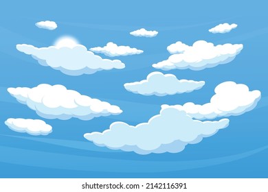 Nubes esponjosas. Hermoso cielo con cúmulo blanco y sol. Fondo pacífico. Fenómenos naturales de dibujos animados. Precipitación atmosférica. Paisaje nublado del día. Formas nubosas