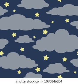 Fluffy Clouds and Stars in Night Sky Seamless Pattern