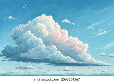 Fluffy clouds stretch across a clear sky, painted in soft pastels for a calming effect.