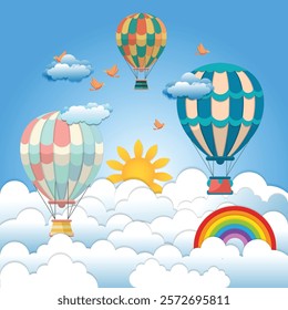 Fluffy Clouds with Summer Sun, Hot Air Balloons, Birds and Rainbow