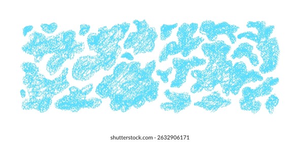Fluffy clouds. Vector crayon drawing. Soft set, pattern. White liquid abstract background. Soap bubbles for bath, laundry, dishwashing. Graphic grunge sketch. Children doodle on white backdrop