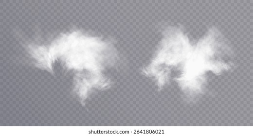 Fluffy clouds of white smoke or steam with realistic texture on transparent background. Vector smoke to simulate fog, cold breath, magic effect or explosion.