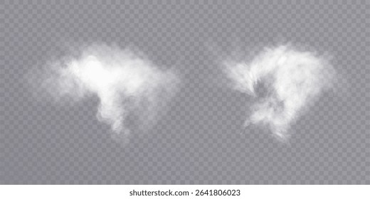 Fluffy clouds of white smoke or steam with realistic texture on transparent background. Vector smoke to simulate fog, cold breath, magic effect or explosion.