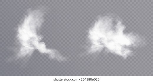 Fluffy clouds of white smoke or steam with realistic texture on transparent background. Vector smoke to simulate fog, cold breath, magic effect or explosion.