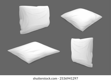 Almohadas cómodas y mullidas para el dormitorio y la sala de estar. Vector aislado conjunto de cojines vacíos en blanco para el sofá. Maqueta de Plantilla de ropa de cama blanca para dormir, relajación de siesta. Diferentes vistas laterales