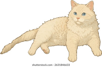 Fluffy Cream-Colored Cat with Blue Eyes – Vector Illustration on Transparent Background