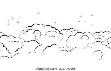 Nubes mullidas de cúmulos y siluetas de pájaros, borde Horizontal sin costuras. Nubes de montaña gruesas aisladas sobre fondo blanco. Ilustración vectorial. Escena al aire libre del verano
