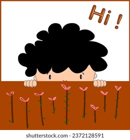 Un niño ondulado detrás de la pared y las flores le dice hola a todos.