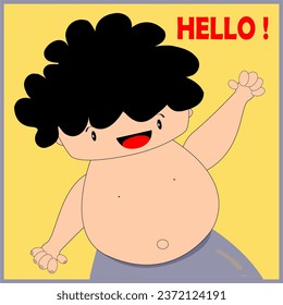 A fluffy curl boy on yellow background is saying hello to everybody in this world.