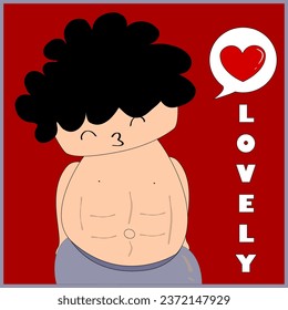 Un niño ondulado y rizado está parado frente al fondo rojo y le dice amor a todos en este mundo.
