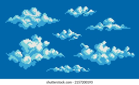 Juego de iconos de imágenes de píxeles ondulados con motivos ondulados. Humo o niebla, colección del logotipo de elementos del cielo. Sprite de 8 bits. Desarrollo de juegos, aplicación móvil. Ilustración vectorial aislada.