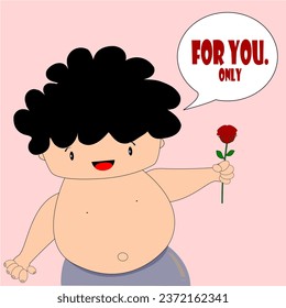A fluffy curly hair boy gives her a rose to make it possible for the world to be pink.