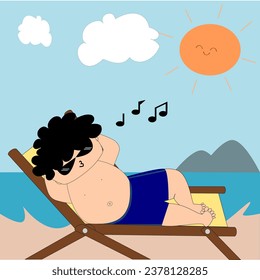 Un modesto muchacho de pelo rizado estaba tumbado en una silla de playa, silbando alegremente junto al mar y viendo el mar, el cielo, el sol brillando y las nubes flotando alegremente.