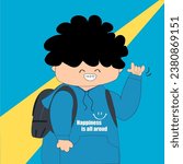 A fluffy curly-haired boy is wearing a blue sweatshirt and a black backpack, he sets out to find his happiness.