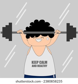 A fluffy curly-haired boy wears a grey tank top and exercising by lifting a barbell.