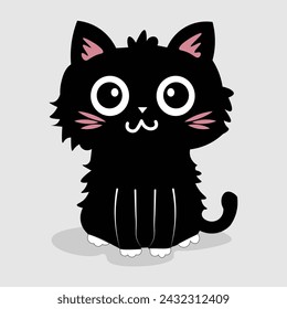 Fluffy, cute, animated caricature of a black kitten with pink ears and whiskers, sitting with its paws forward, smiling, and wagging its tail in vector format