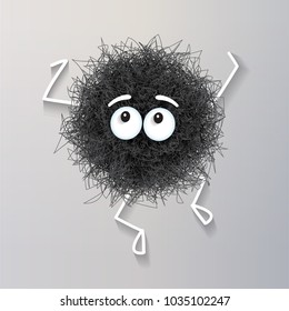 Fluffy cute black spherical creature dancing , vector illustration