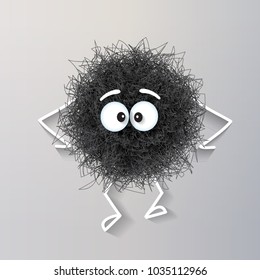 Fluffy cute black spherical creature sad and depressed, vector illustration