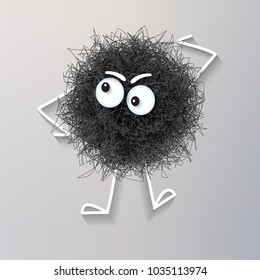 Fluffy cute black spherical creature thinking , vector illustration