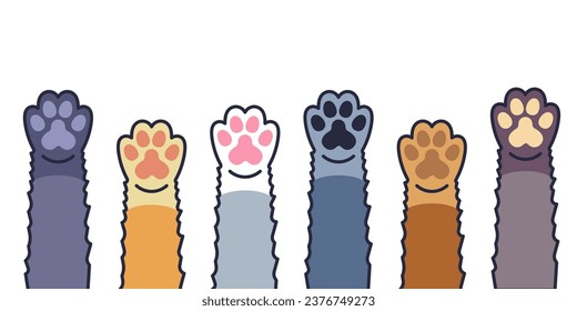 Fluffy cute colored cat paws in flat simple style. Illustration of cute paws of cats in different colors