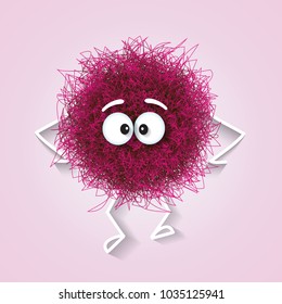 Fluffy cute pink spherical creature sad and depressed, vector illustration