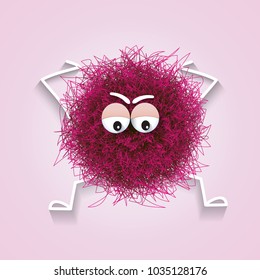 Fluffy cute pink spherical creature worried and stressed, vector illustration